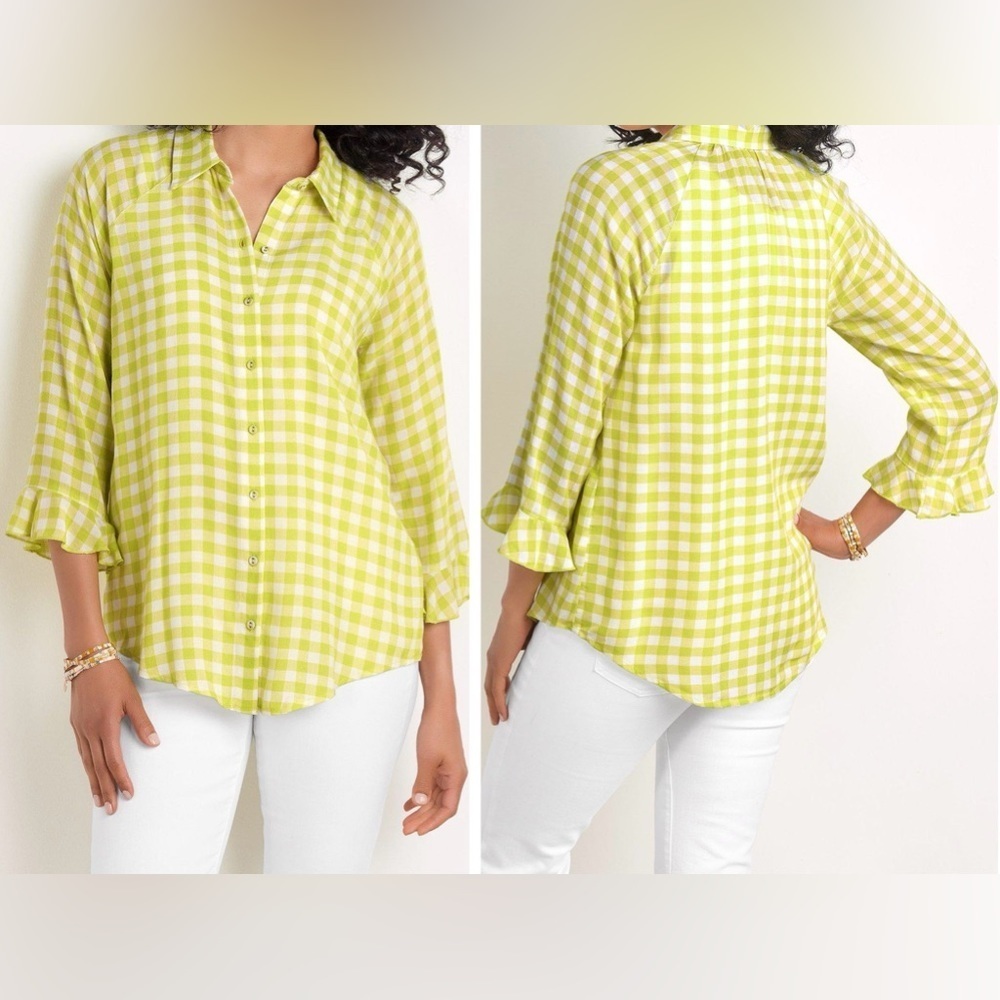 Soft Surroundings Women’s 3X Plaid Tunic Button-Down Shirt Lemon Gingham
